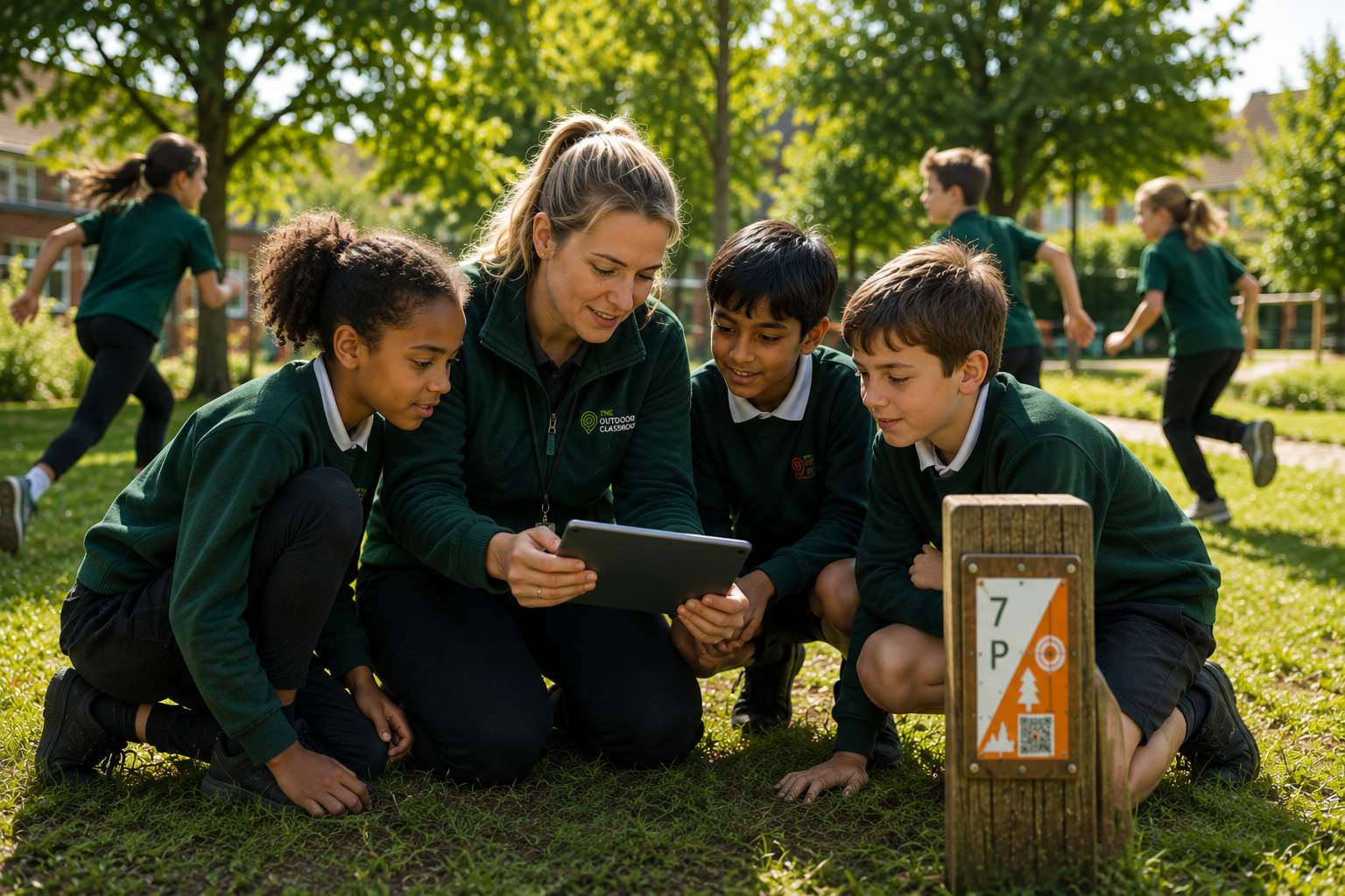 Pupils learning outdoors with a tablet